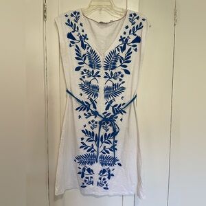 Boden White Dress with Blue Botanical Embroidery “Tanya” Jersey dress size 6